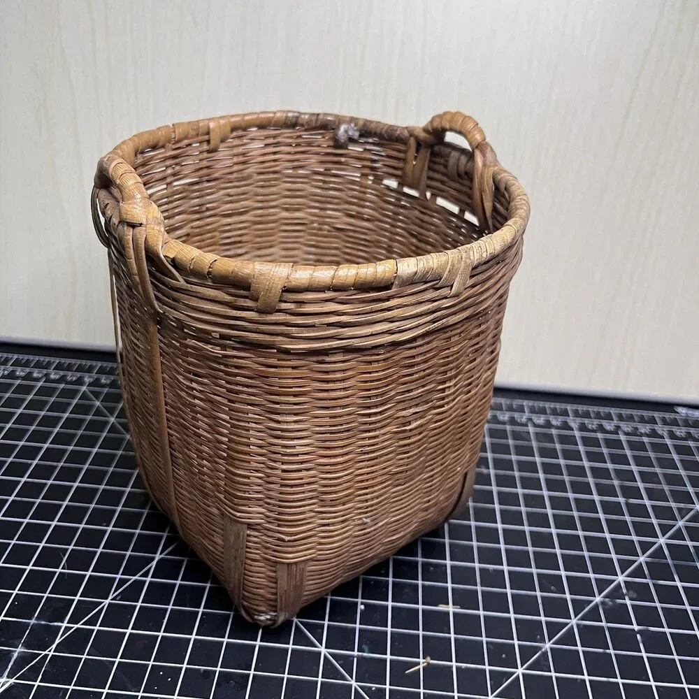 Vintage Handmade Wicker Rattan Basket Planter Brown W Tortoise Bamboo Reeds Boho